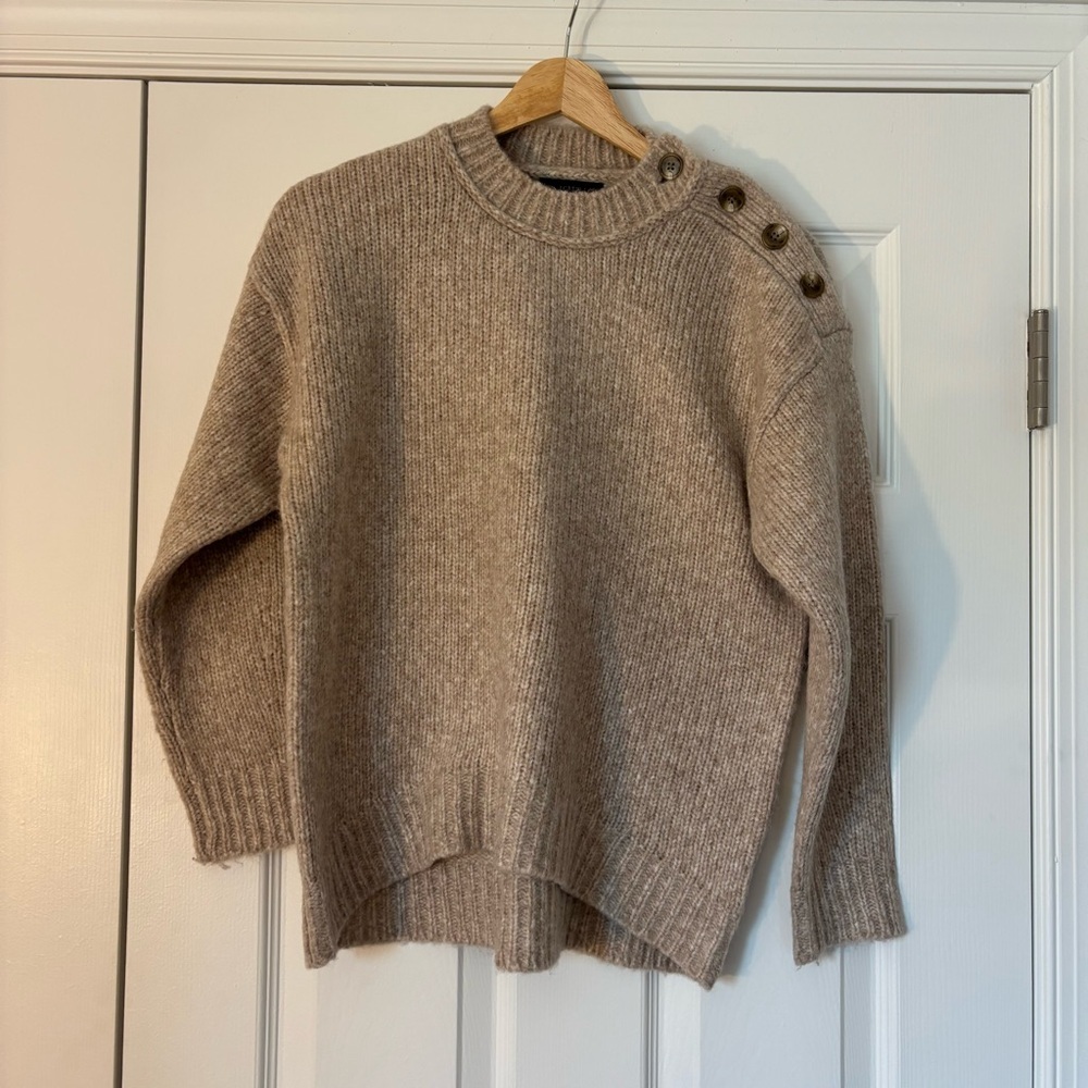 J. Crew Cream Beige Button Shoulder Heathered Sweater Ribbed Alpaca Wool XS Soft - Picture 2 of 8
